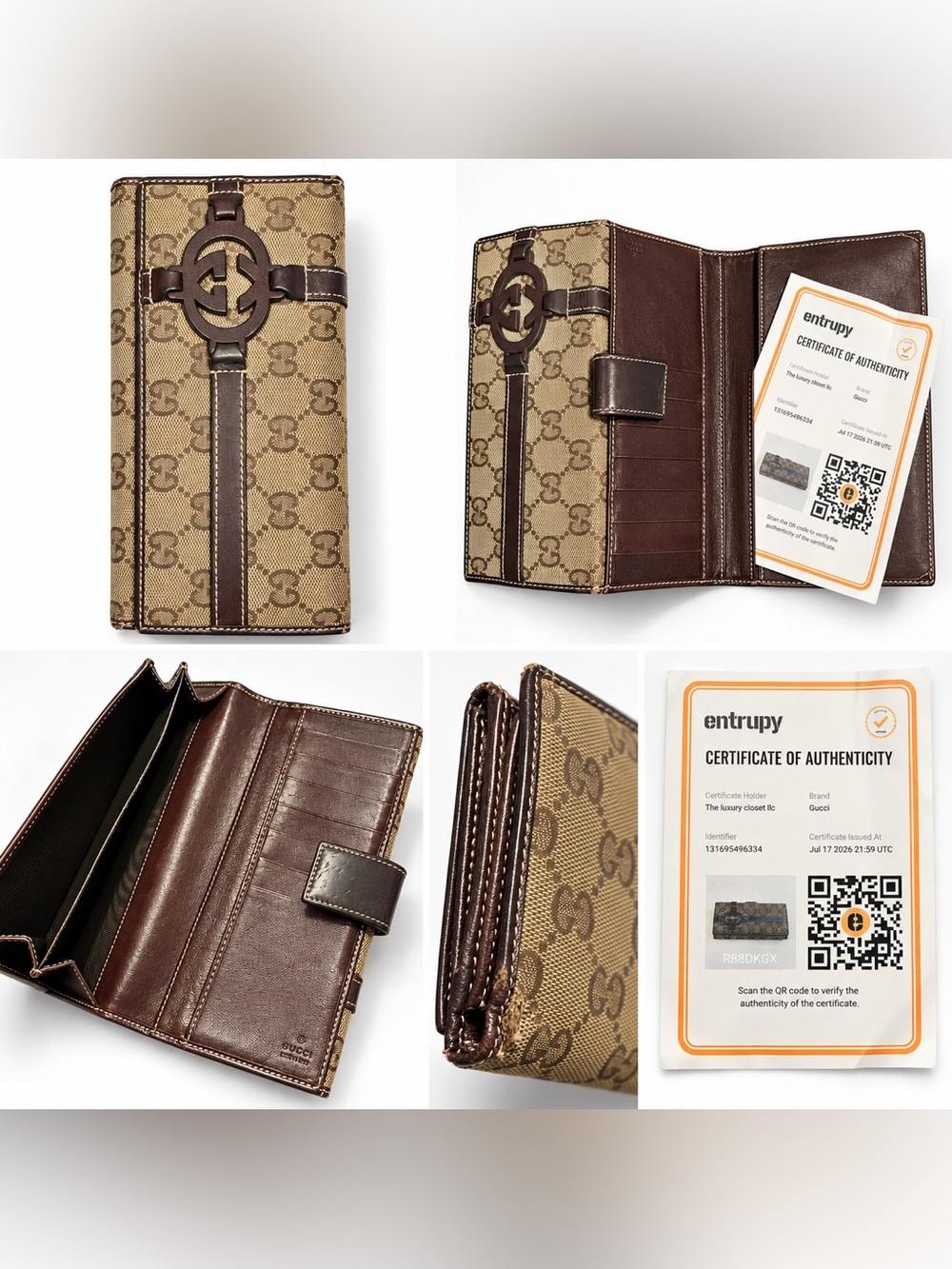 Gucci Beige & Brown GG Canvas Continental Britt Wallet. COA included